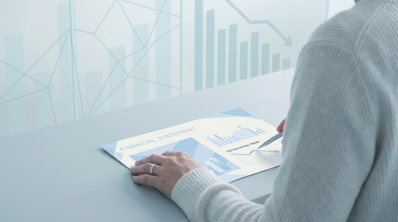 Une personne analyse un document financier montrant une tendance à la baisse des frais sur un bureau moderne.
