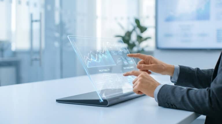 Un professionnel en costume manipule des graphiques financiers sur une interface tactile transparente et futuriste.