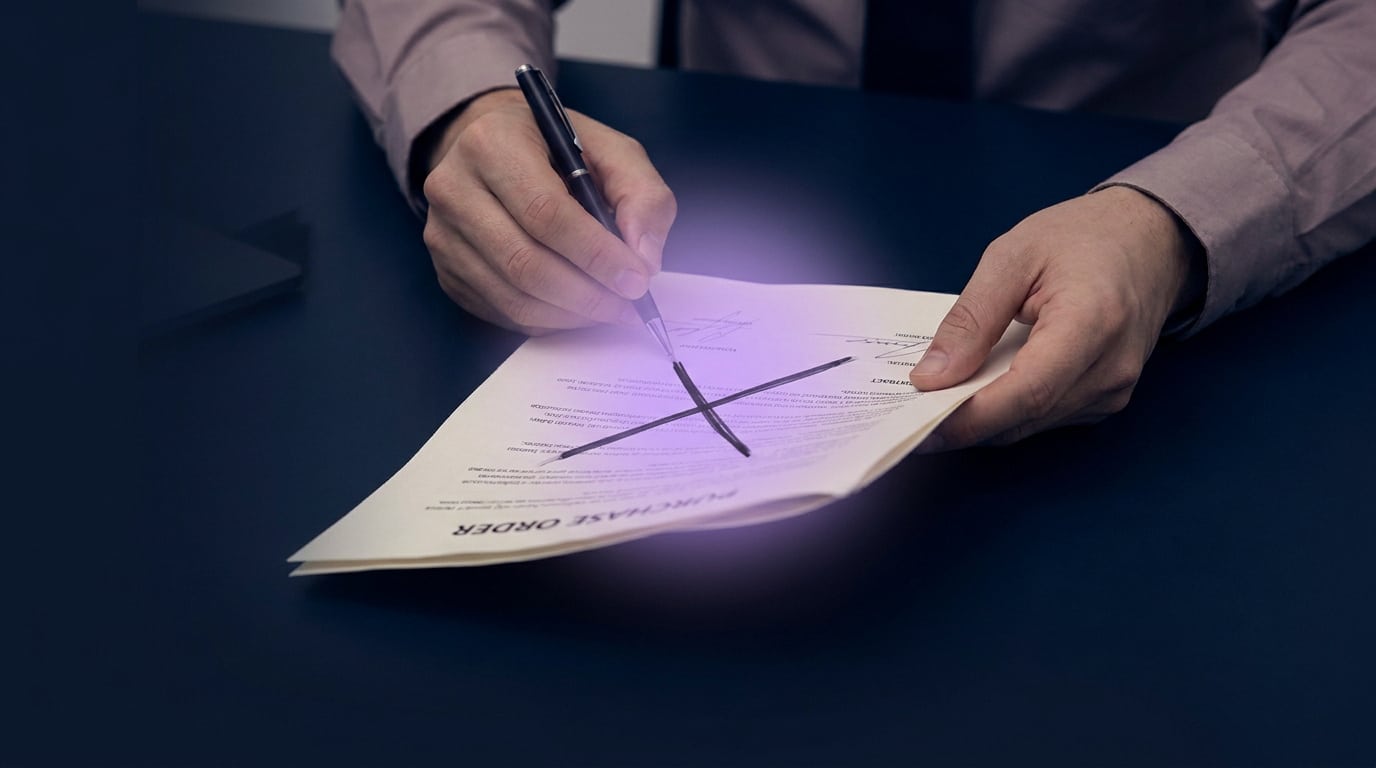 Une personne barre un bon de commande avec un stylo pour symboliser l'annulation d'un contrat.