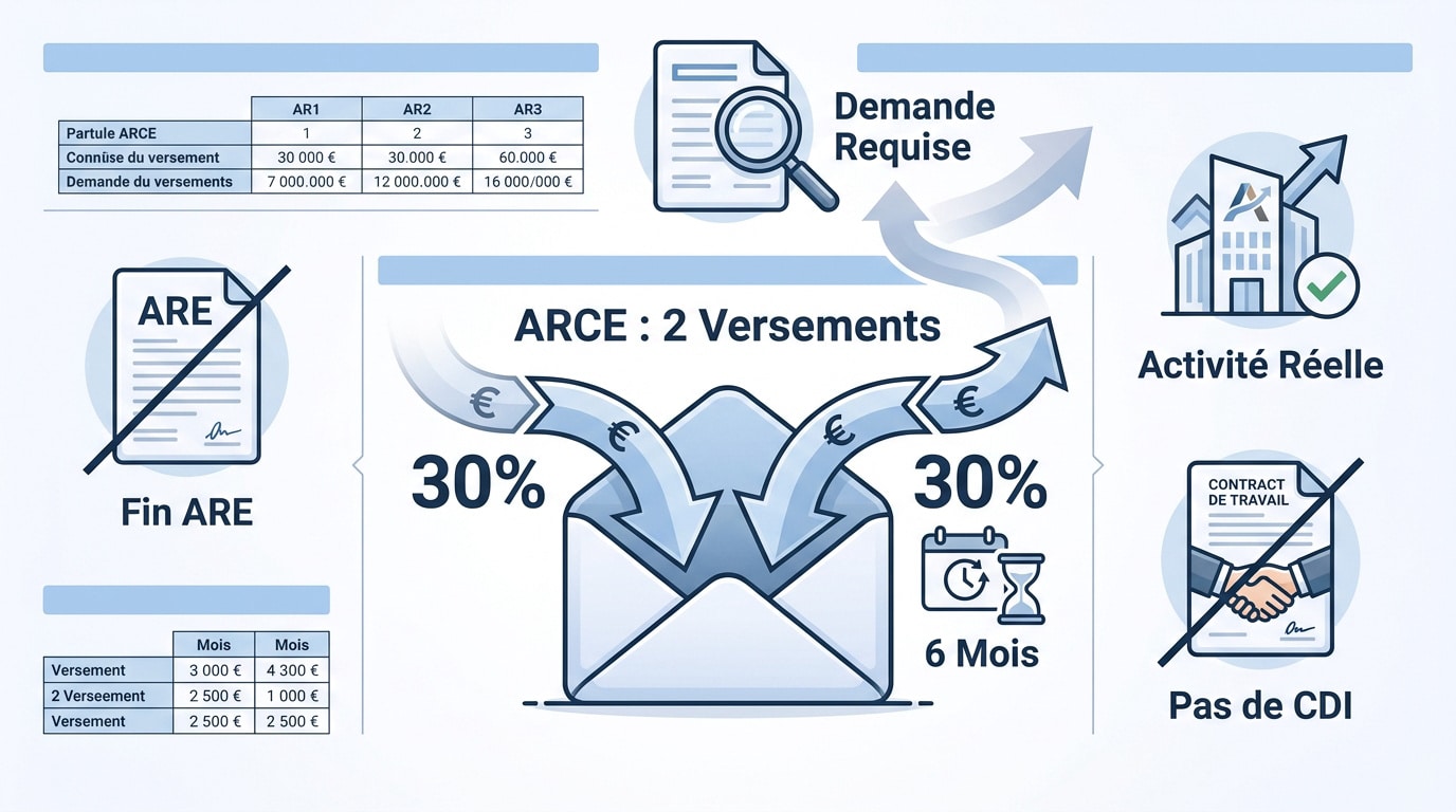 Infographie détaillant les conditions et les deux étapes du versement de l'ARCE pour les entrepreneurs