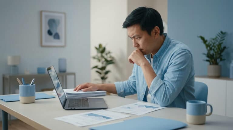 Un auto-entrepreneur concentré et préoccupé devant son ordinateur et des documents administratifs.