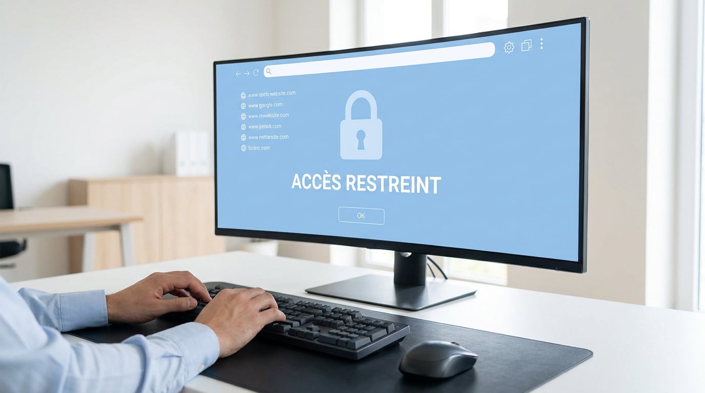 Mains sur un clavier devant un écran affichant un message d'accès restreint et une icône de cadenas.