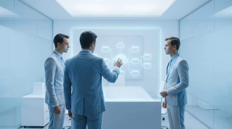 Trois hommes d'affaires en costume bleu interagissent avec une interface holographique représentant un stockage cloud.