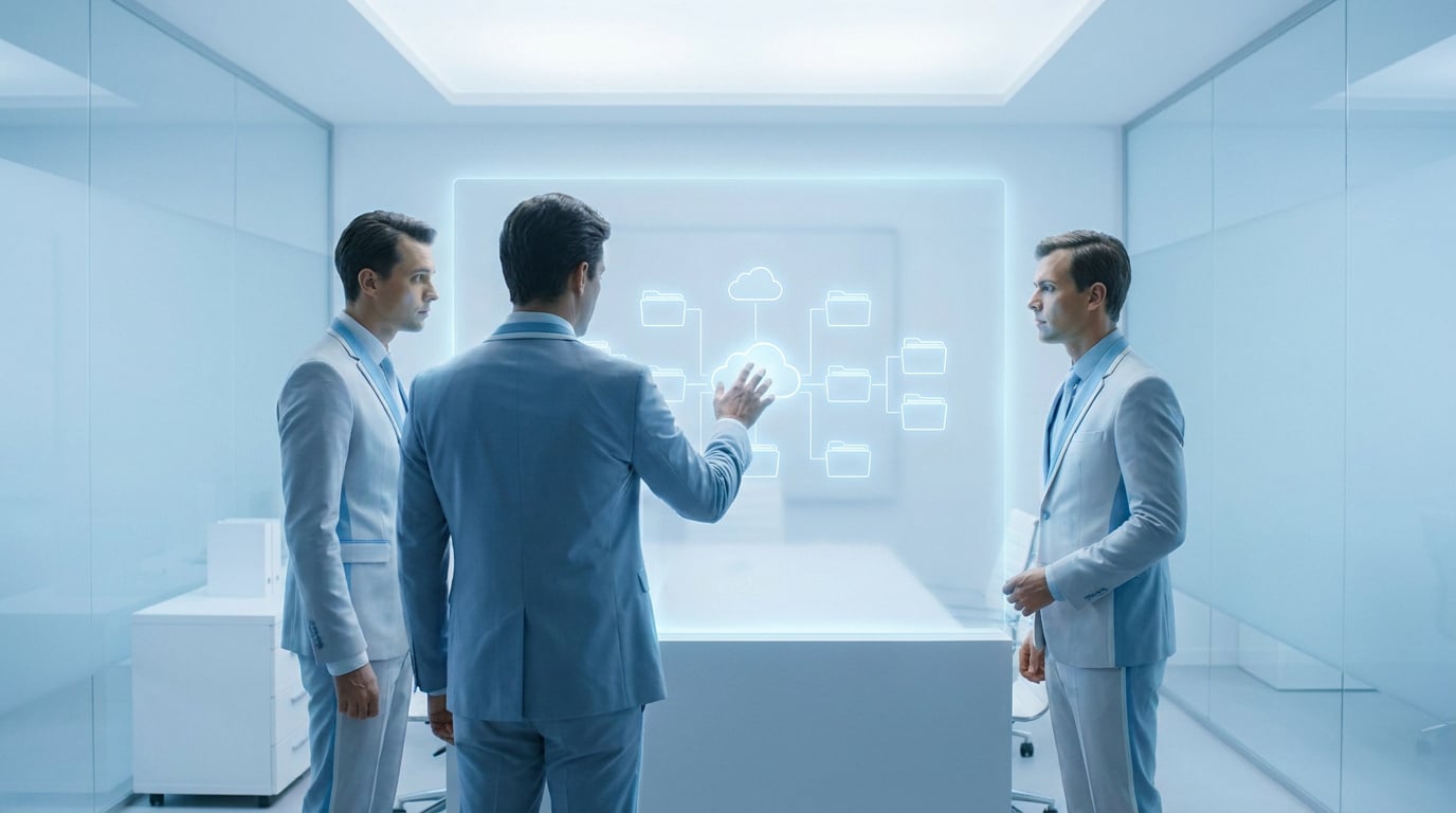Trois hommes d'affaires en costume bleu interagissent avec une interface holographique représentant un stockage cloud.