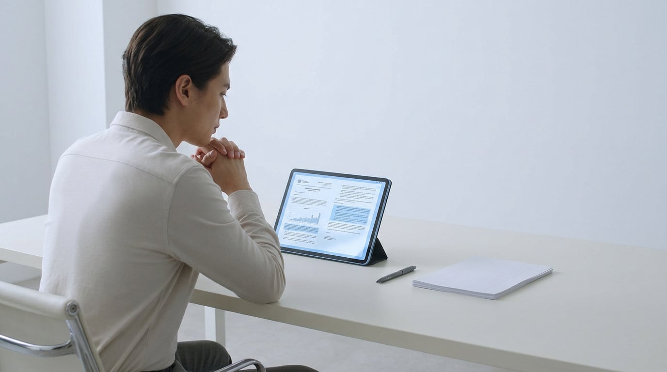 Un homme en chemise beige consulte attentivement un document administratif sur sa tablette numérique à son bureau.