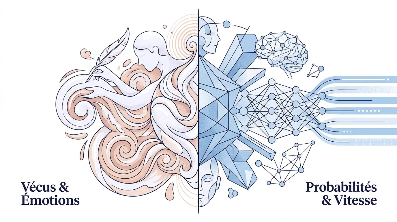 Représentation visuelle de la dualité entre la créativité humaine et la logique algorithmique de l'intelligence artificielle