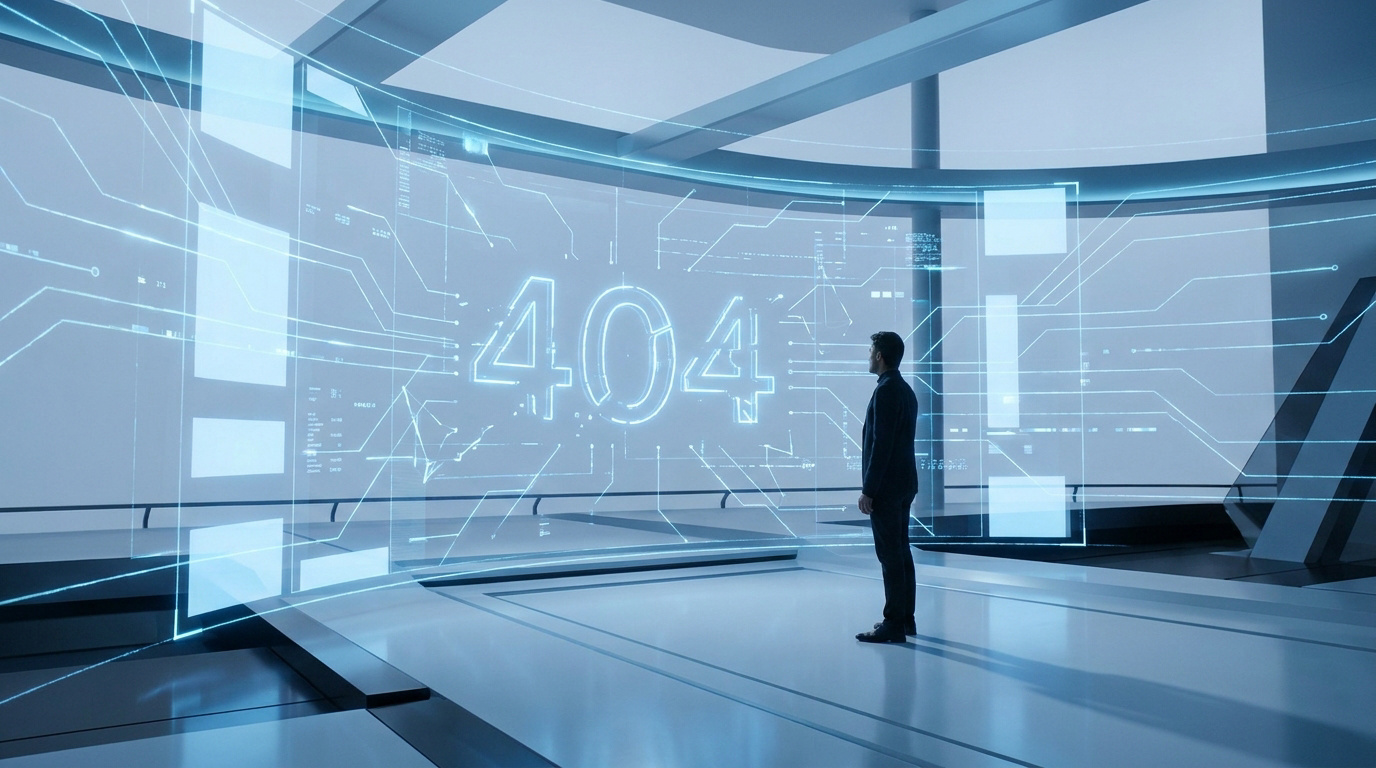 Un homme en costume observe un écran futuriste affichant une erreur 404 dans un environnement numérique.