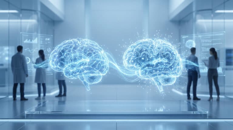 Représentation futuriste de deux cerveaux numériques connectés dans un laboratoire de recherche technologique.
