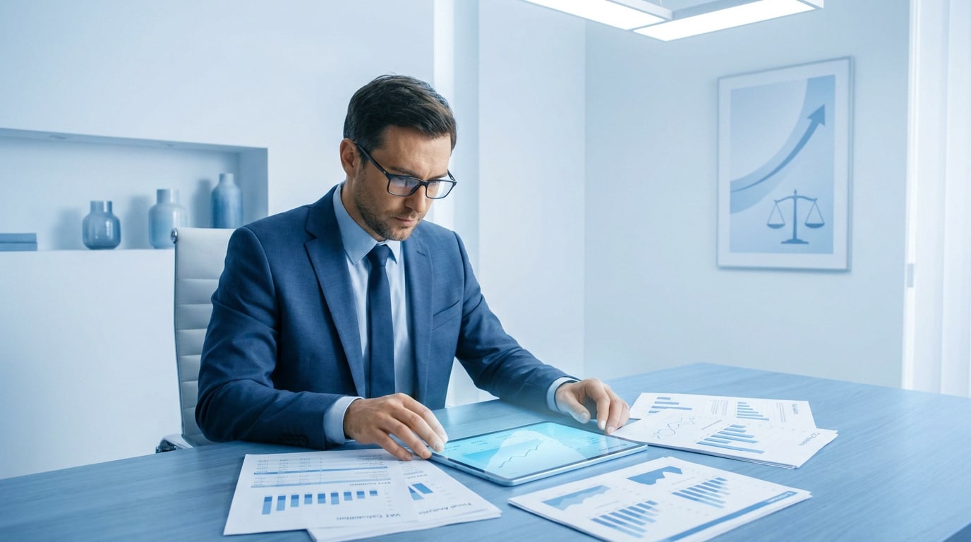 Un homme d'affaires en costume consulte des données financières sur une tablette numérique à son bureau.