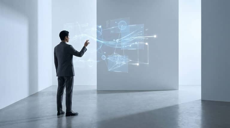 Un homme en costume interagissant avec une interface holographique futuriste de données dans un espace minimaliste.
