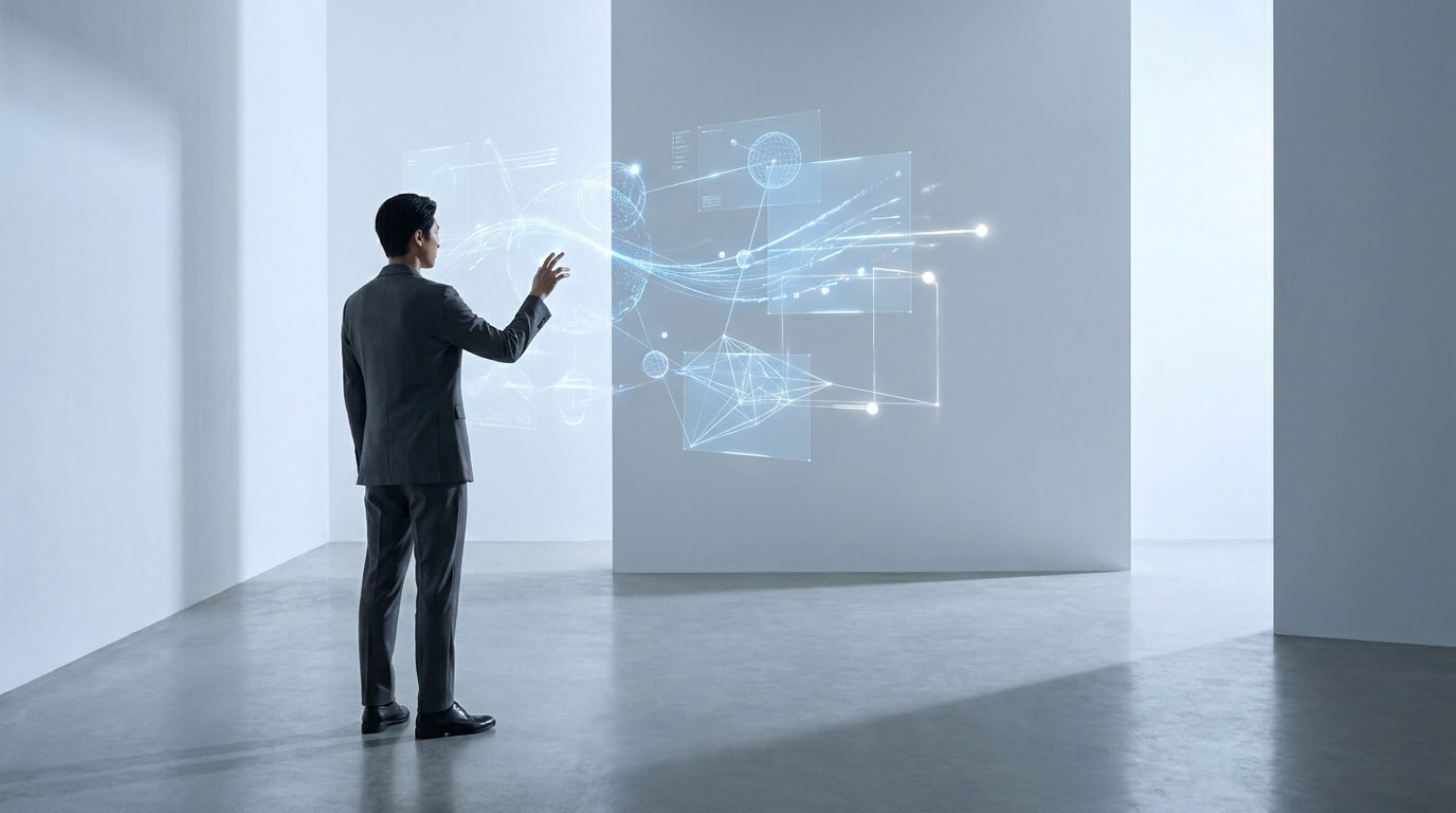 Un homme en costume interagissant avec une interface holographique futuriste de données dans un espace minimaliste.