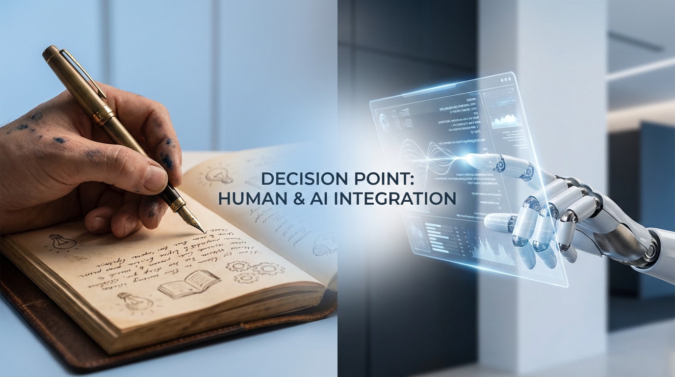 Une main humaine écrivant dans un carnet à gauche et une main robotique interagissant avec une interface numérique à droite.