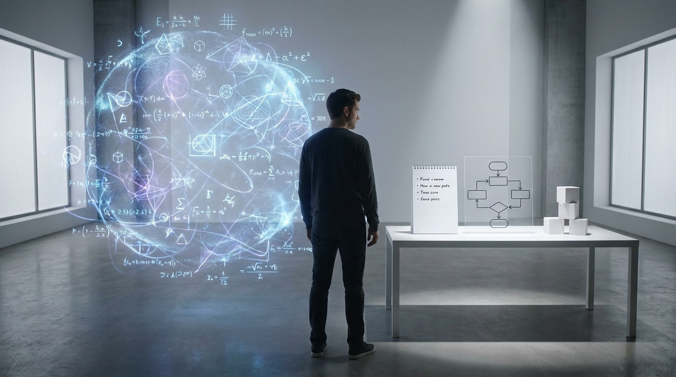 Un homme observe une sphère holographique de formules mathématiques complexes à côté d'un schéma simple sur une table.