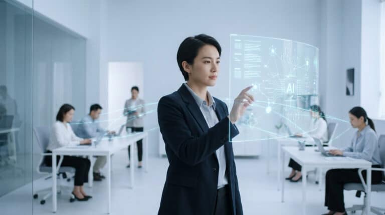 Une femme d'affaires interagissant avec une interface holographique numérique dans un bureau moderne et lumineux.