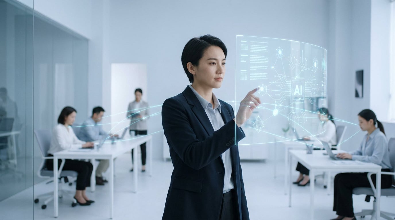 Une femme d'affaires interagissant avec une interface holographique numérique dans un bureau moderne et lumineux.