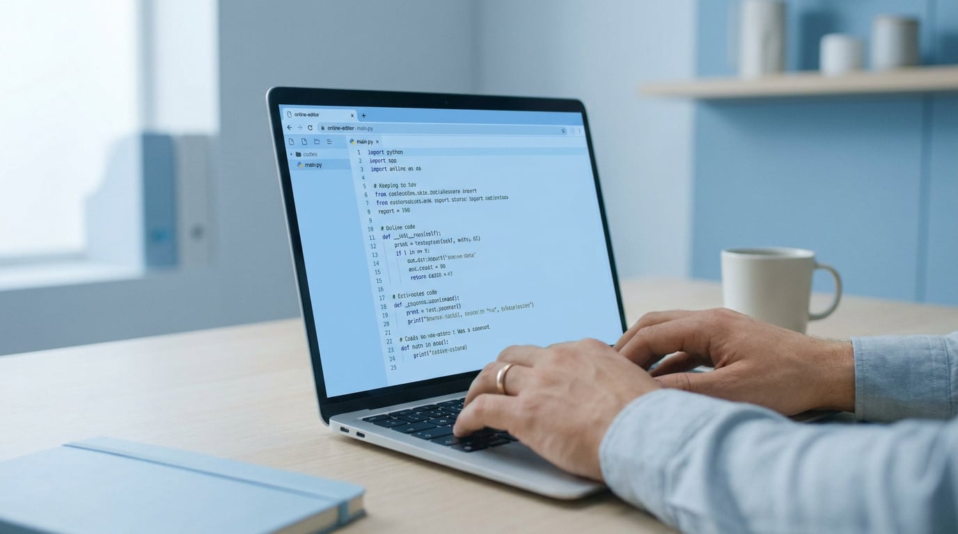 Mains d'une personne tapant du code Python sur un ordinateur portable dans un environnement de bureau minimaliste.