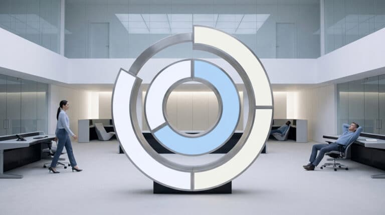 Employés dans un bureau moderne entourant une structure circulaire symbolisant les cycles de travail en 3x8.