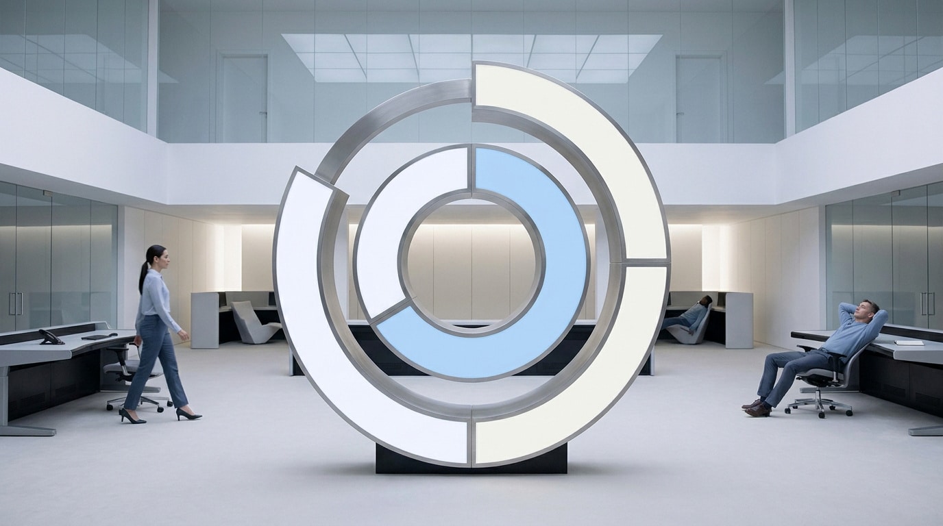 Employés dans un bureau moderne entourant une structure circulaire symbolisant les cycles de travail en 3x8.