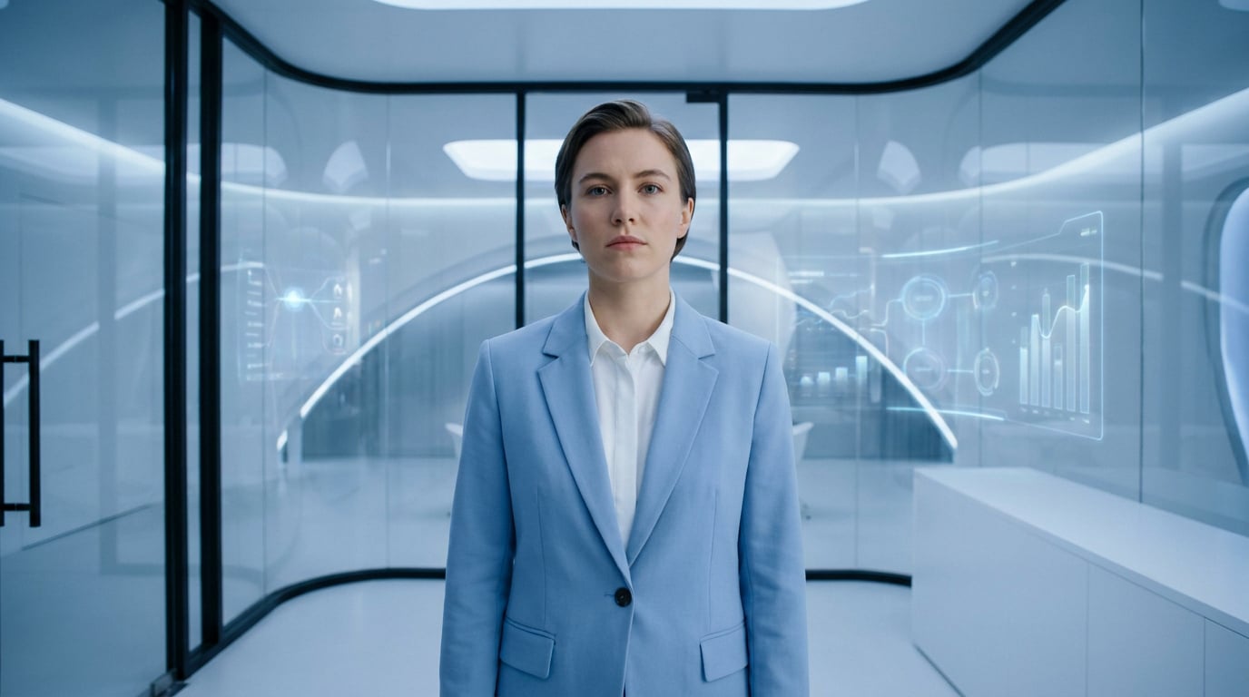 Une femme en tailleur bleu clair debout dans un bureau high-tech avec des écrans holographiques en arrière-plan.