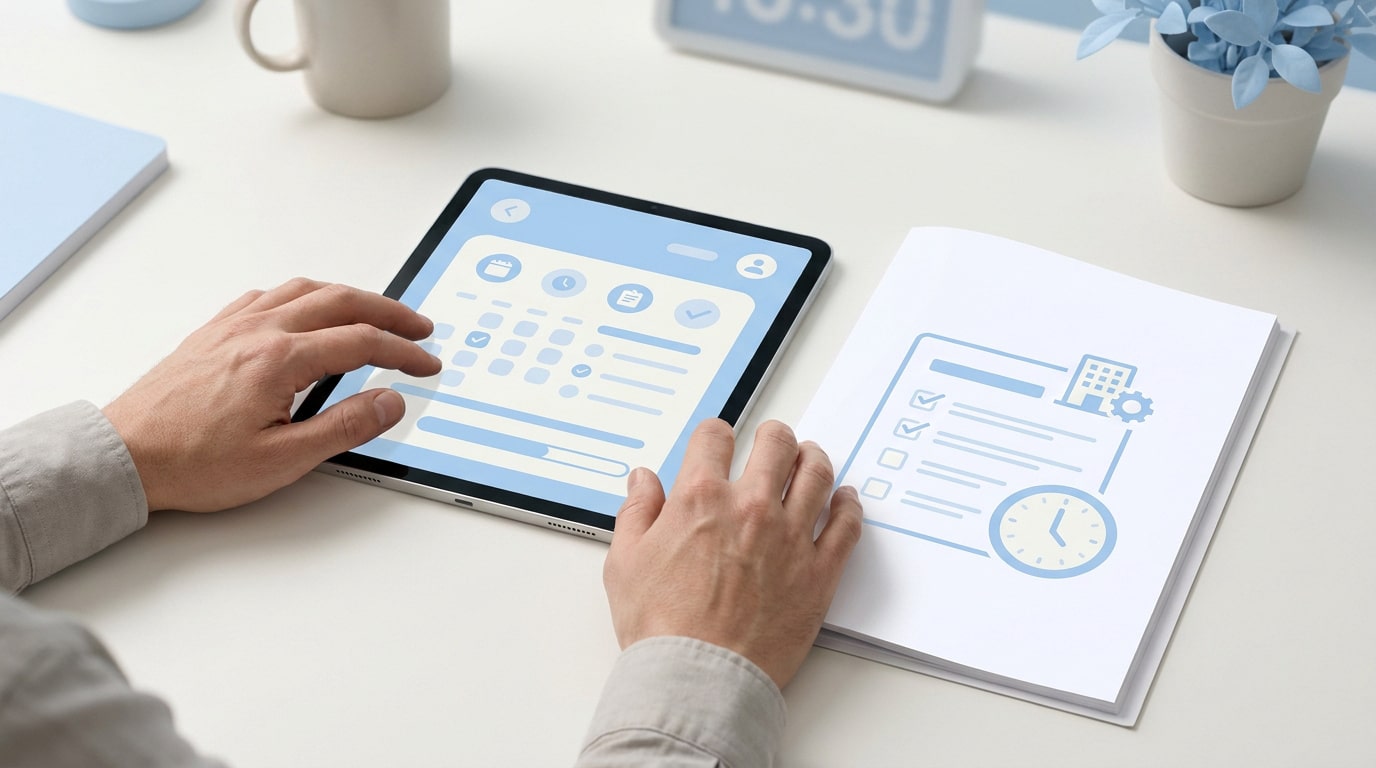 Mains manipulant une tablette affichant un planning avec un document papier montrant une liste de tâches et une horloge.