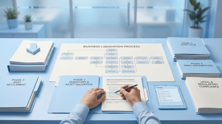 Une vue à la première personne d'un bureau avec des dossiers et un organigramme sur le processus de liquidation.