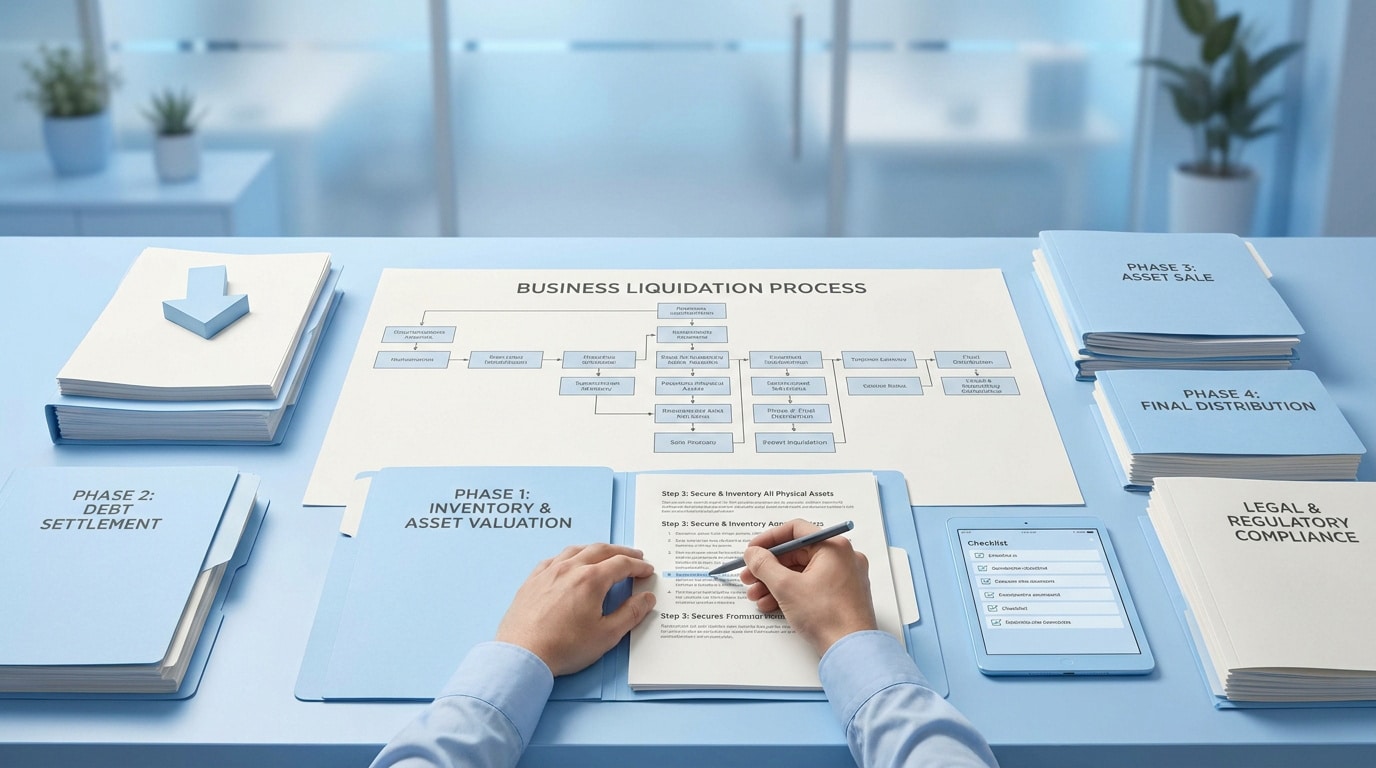 Une vue à la première personne d'un bureau avec des dossiers et un organigramme sur le processus de liquidation.