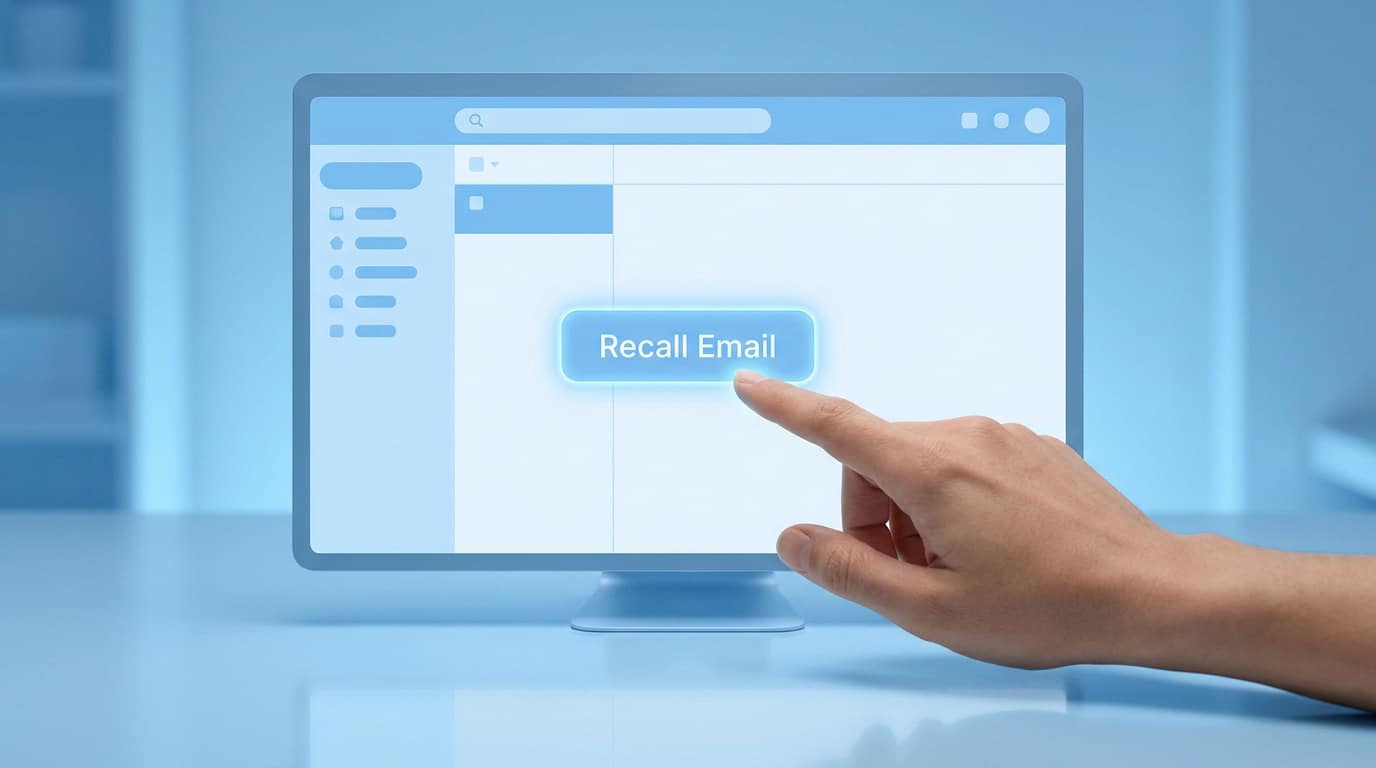 Une main appuyant sur un bouton virtuel « Recall Email » affiché sur un écran d'ordinateur bleu.