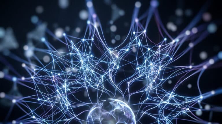 Représentation abstraite d'un réseau de neurones avec des connexions lumineuses bleues et violettes.