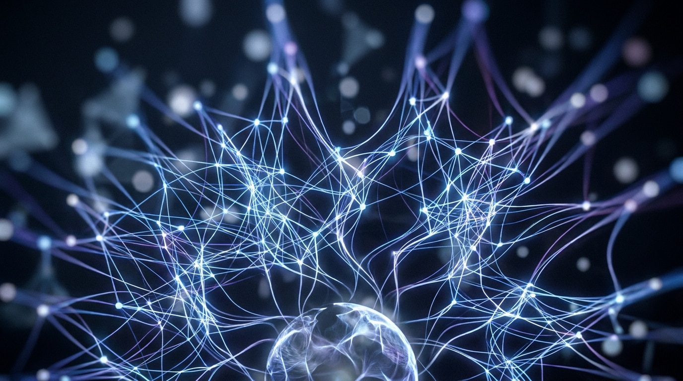 Représentation abstraite d'un réseau de neurones avec des connexions lumineuses bleues et violettes.