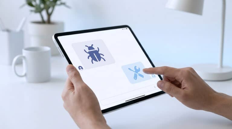 Mains tenant une tablette montrant une icône de bug et une icône de réparation sur une interface de chat.