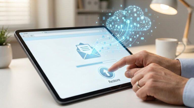 Une personne appuie sur le bouton "Restaurer" sur une tablette pour récupérer des emails depuis le cloud.