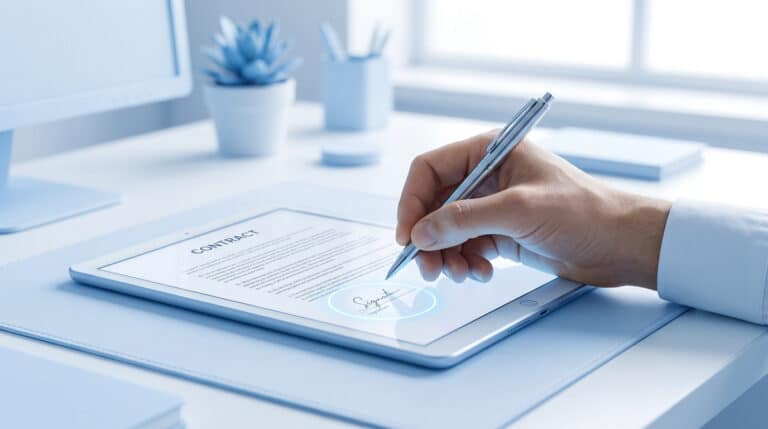 Une main utilisant un stylet pour signer numériquement un contrat sur une tablette dans un bureau lumineux.