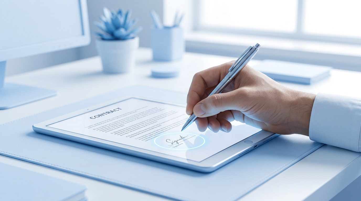Une main utilisant un stylet pour signer numériquement un contrat sur une tablette dans un bureau lumineux.