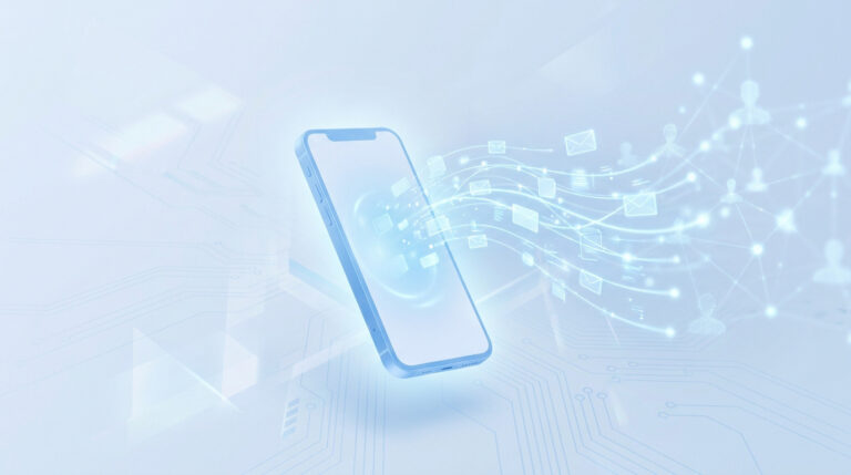 Un smartphone bleu émettant des icônes de messages vers un réseau de contacts sur un fond technologique clair.