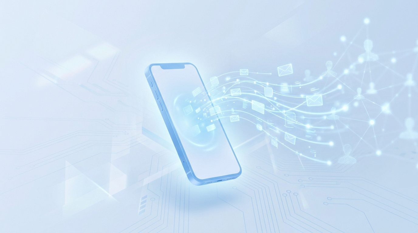 Un smartphone bleu émettant des icônes de messages vers un réseau de contacts sur un fond technologique clair.