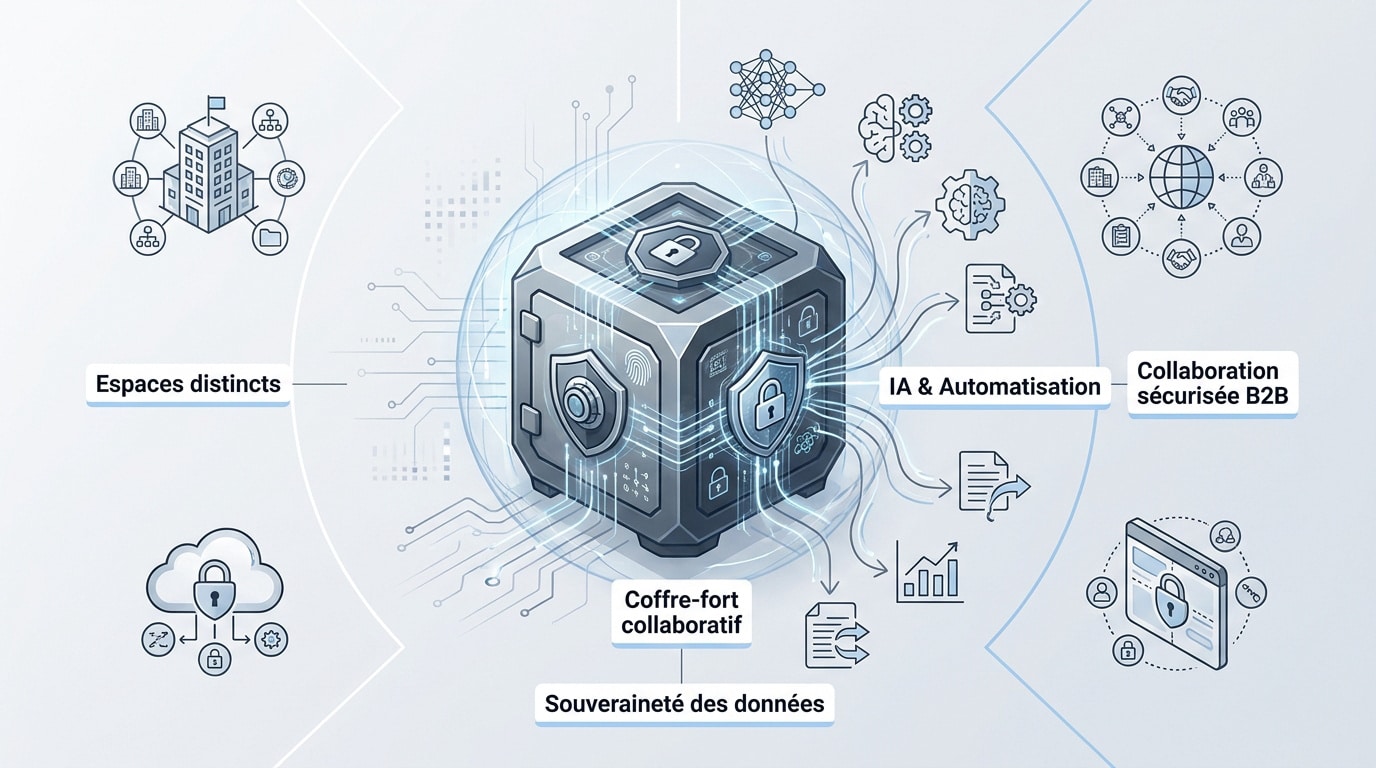 Interface d'un extranet sécurisé facilitant la collaboration B2B et l'automatisation par intelligence artificielle en 2026