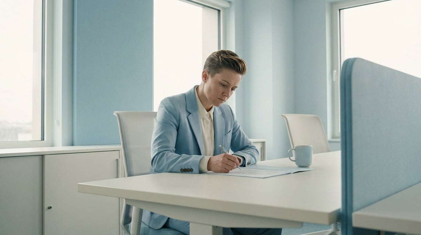 Une femme notaire en costume bleu clair, concentrée, signant des documents officiels à son bureau lumineux.