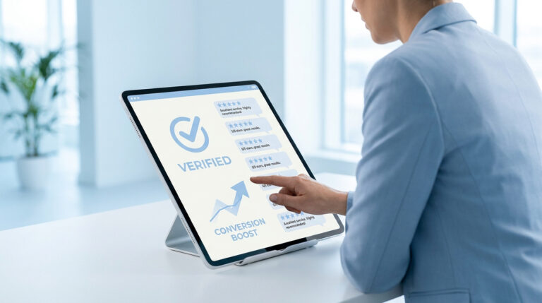 Une professionnelle utilise une tablette affichant des avis clients vérifiés et un graphique de croissance des conversions.