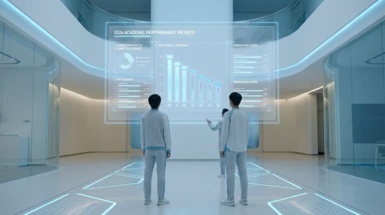 Étudiants observant un tableau de bord holographique futuriste affichant le classement des écoles d'informatique 2026.