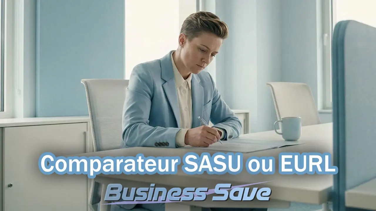 Une femme d'affaire comparant depuis son bureau , les différences entre les statuts SASU et EURL d'une entreprise, en utilisant l'outil gratuit de Business Save.