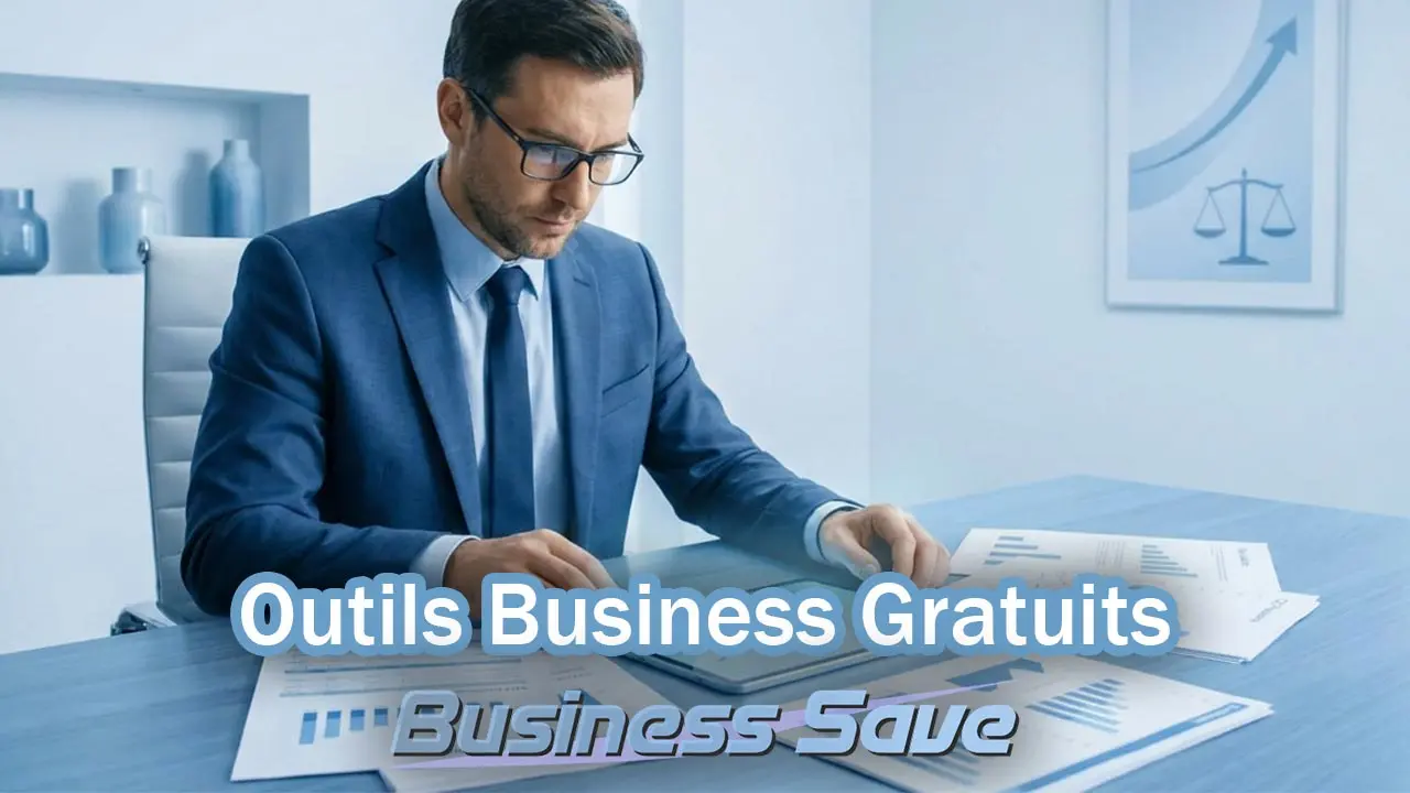 Homme d'affaire dans son bureau, utilisant les outils d'entreprises gratuits de Business Save sur son ordinateur.
