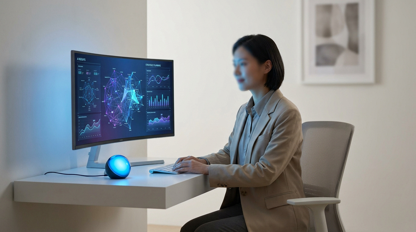 Une femme travaillant devant un écran incurvé affichant des données complexes et une sphère lumineuse LED.