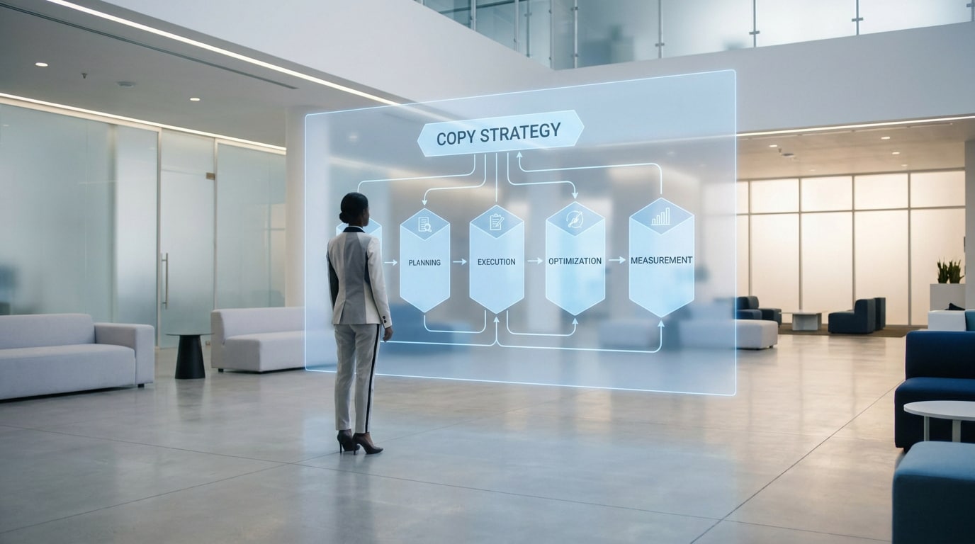 Une femme d'affaires regarde un écran holographique affichant le processus d'une stratégie de copy dans un bureau moderne.