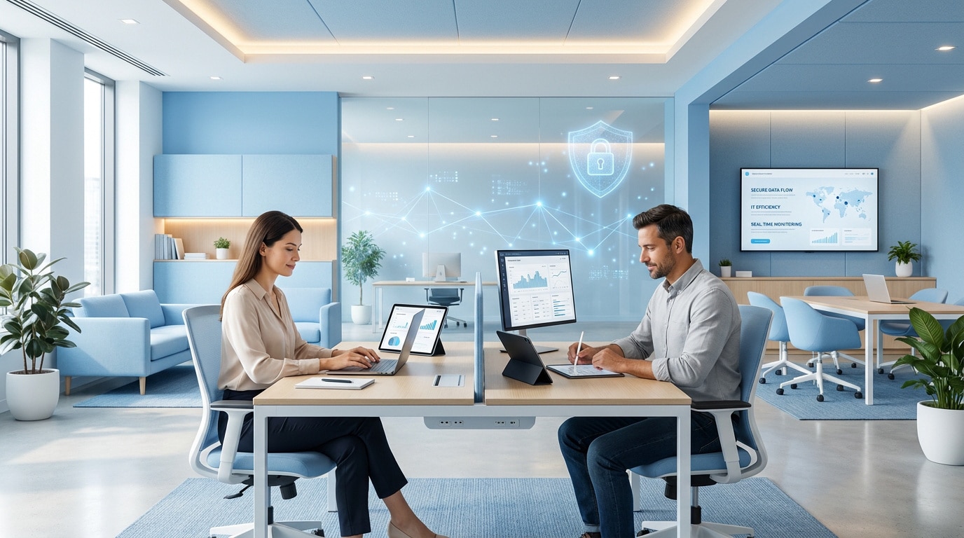 Deux professionnels travaillent dans un bureau moderne et lumineux avec des écrans affichant des données et une sécurité IT.