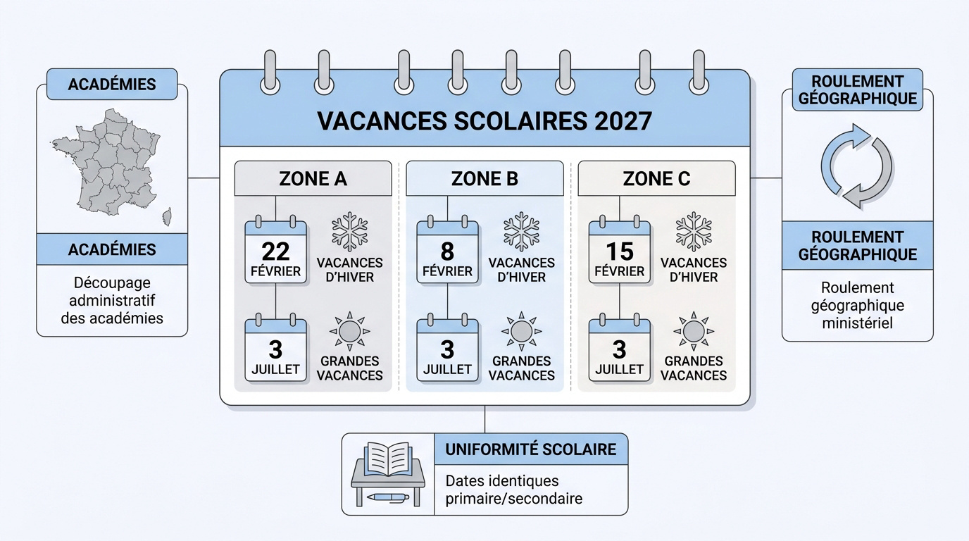 Calendrier officiel des vacances scolaires 2027 par zones A, B et C