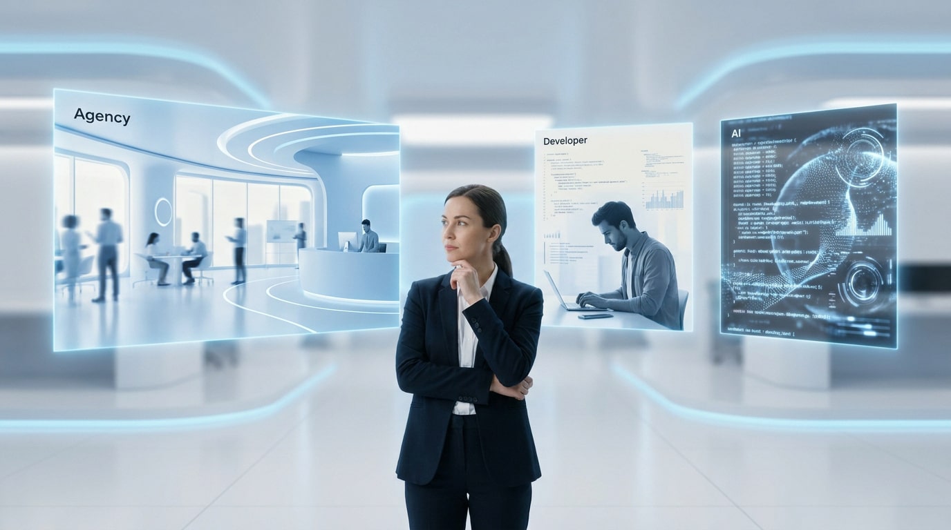 Une femme d'affaires réfléchissant devant trois interfaces holographiques illustrant une agence, un développeur et l'IA.