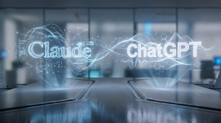 Hologrammes lumineux avec les noms Claude et ChatGPT flottant au-dessus d'une table de réunion moderne.