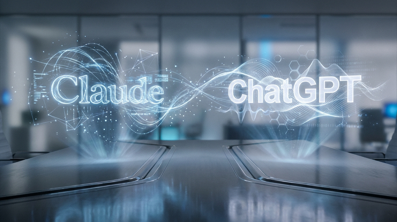 Hologrammes lumineux avec les noms Claude et ChatGPT flottant au-dessus d'une table de réunion moderne.