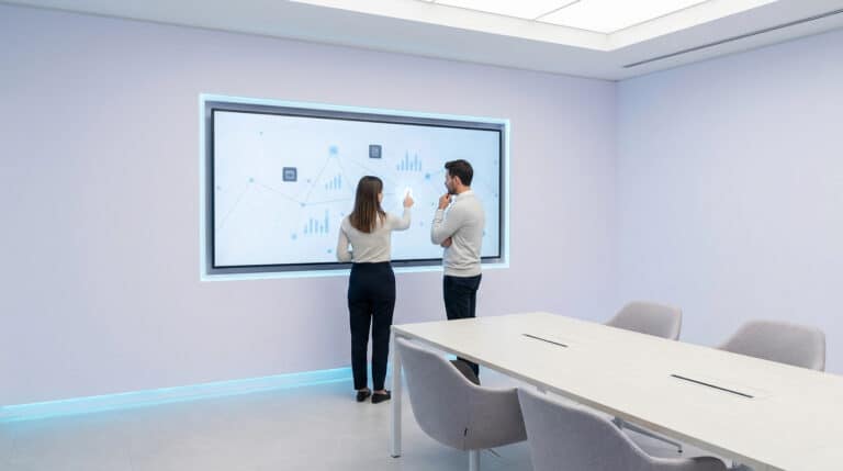 Deux professionnels utilisant un grand écran tactile interactif avec des graphiques dans une salle de réunion moderne.