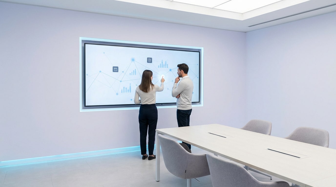 Deux professionnels utilisant un grand écran tactile interactif avec des graphiques dans une salle de réunion moderne.